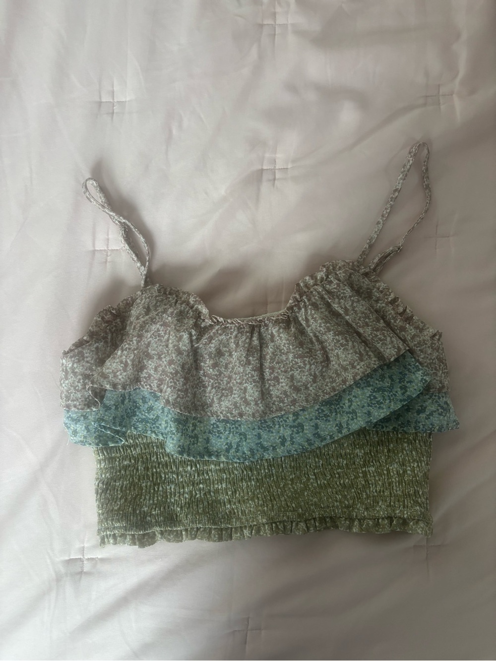 Smocked Ruffle Floral Crop Cami in Green and Blue